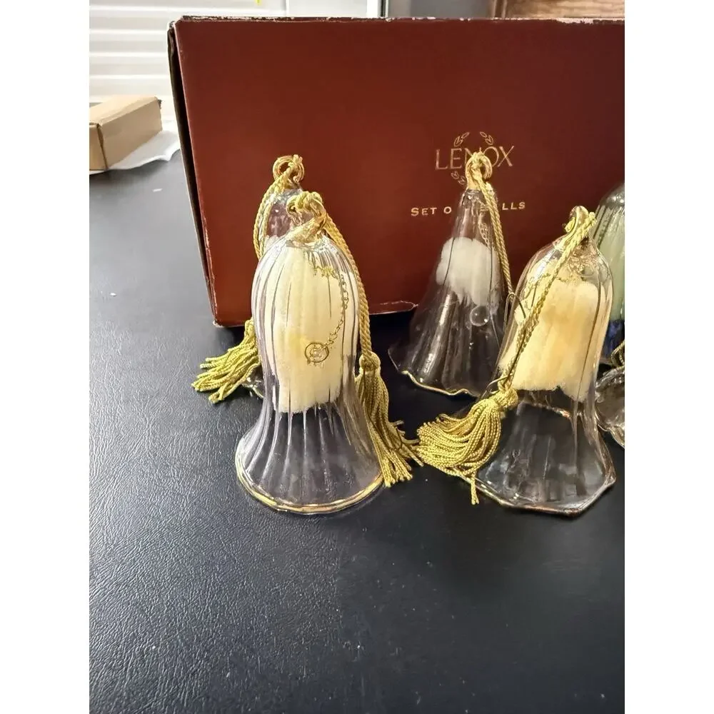 Lenox Set of 6 Crystal Bells Christmas Ornaments Tassel and Gold Rimmed MINT